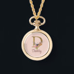 Custom Name Gold Foil Blush Pink Roses Letter D Watch<br><div class="desc">Custom Name Gold Foil Blush Pink Roses Letter D design presents an elegant floral monogram with shimmering detail—ideal for soft feminine style,  romantic touches,  and personalised name designs. Click 'Personalise' to add your name or a loved one’s.</div>