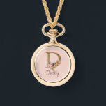 Custom Name Gold Foil Blush Pink Roses Letter D Watch<br><div class="desc">Custom Name Gold Foil Blush Pink Roses Letter D design presents an elegant floral monogram with shimmering detail—ideal for soft feminine style,  romantic touches,  and personalised name designs. Click 'Personalise' to add your name or a loved one’s.</div>