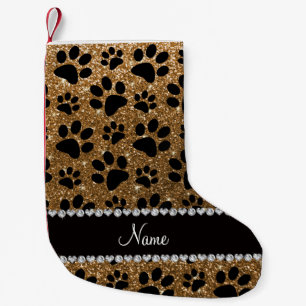 Custom name gold glitter black dog paws small christmas stocking