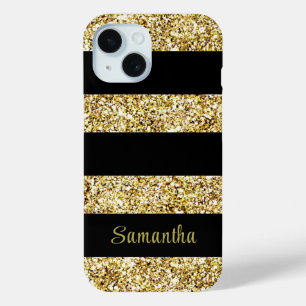 Custom Name Gold Glitter Black Stripes iPhone 15 Case