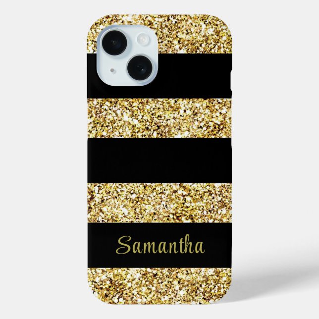 Custom Name Gold Glitter Black Stripes Case-Mate iPhone Case (Back)