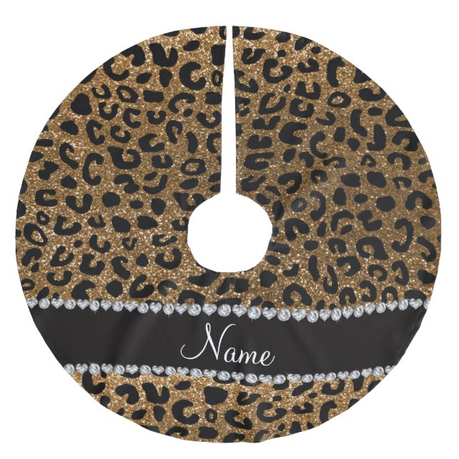 Custom name gold glitter cheetah print brushed polyester tree skirt (Front)
