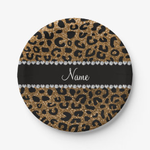 Custom name gold glitter cheetah print paper plate