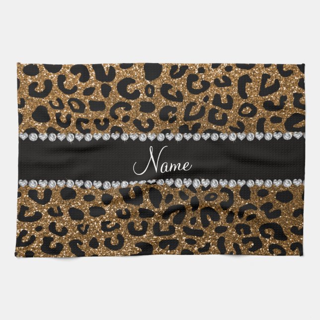Custom name gold glitter cheetah print tea towel (Horizontal)