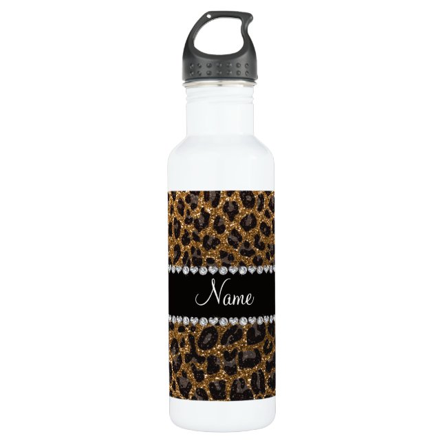Custom name gold glitter leopard print 710 ml water bottle (Front)