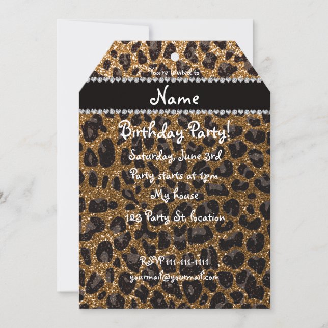 Custom name gold glitter leopard print invitation (Front)