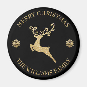 Custom Name Gold Glitter Reindeer Merry Christmas Magnet