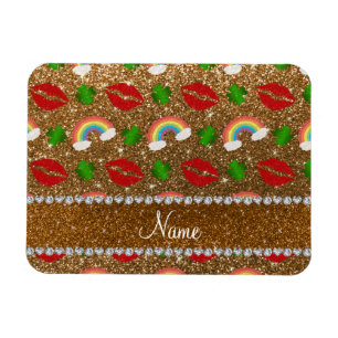 Custom name gold glitter shamrocks rainbows kisses magnet
