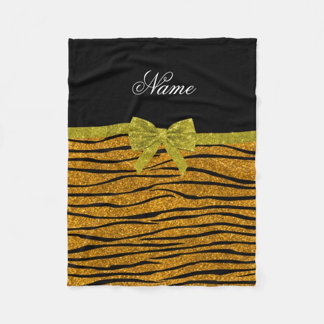 Custom name gold glitter zebra stripes name fleece blanket (Front)