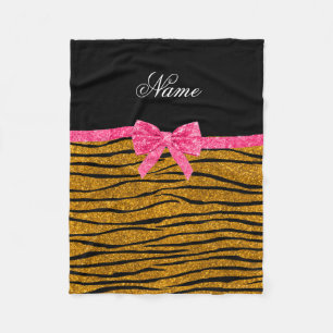 Custom name gold glitter zebra stripes pink bow fleece blanket