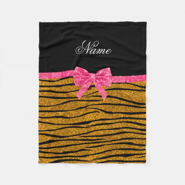 Custom name gold glitter zebra stripes pink bow fleece blanket (Front)
