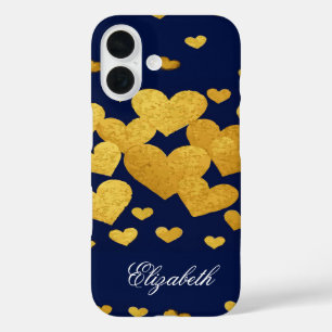 Custom Name Gold Hearts iPhone 16 Case