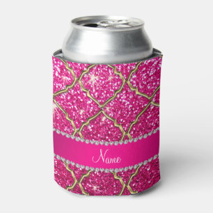 Custom name gold neon hot pink glitter moroccan can cooler