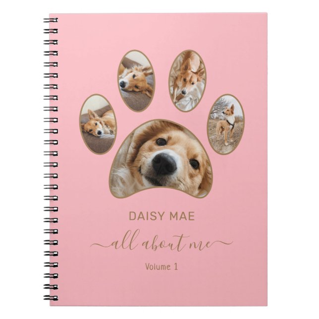 Custom Name Gold Paw Pet Photo Collage Pink Diary Notebook (Front)