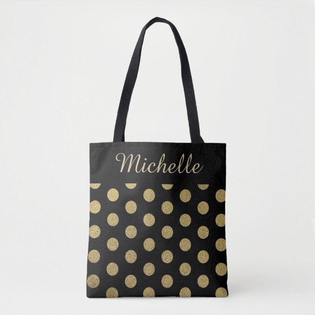 Custom Name Gold Polka Dot Black Tote Bag (Front)