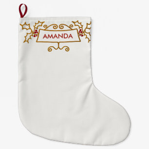 Custom Name Gold Swirls Red Berries Christmas Large Christmas Stocking