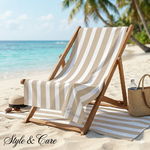 Custom Name Golden Beige White Stripe Beach Towel