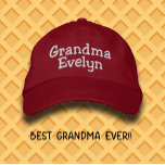 Custom Name Grandma Embroidered Baseball Cap<br><div class="desc">Custom Name Grandma Embroidered Baseball Cap Shield Grandma's eyes from the blazing sun while she travels, gardens, attends her grandchildren's school and sports events, and hangs out with the family at cookouts. This useful custom embroidered baseball hat features fully customizable text allowing you to design a unique gift for your...</div>
