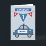 Custom Name Grandson 1st Birthday Blue Police Car Card<br><div class="desc">Put his name  on the front of this card to make your greeting as personal as it can be. Yes! This customisable card allows you to do that. Send 1st birthday greetings to your dear grandson with this one.</div>