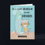 Custom Name Grandson Birthday Beach Funny Racoon Card<br><div class="desc">What a fun card for your grandson! A racoon is leaning against a surfboard looking very cool! He is standing in the sand,  and a few seashells surround him. Add his name for a truly personal card to celebrate his birthday!</div>