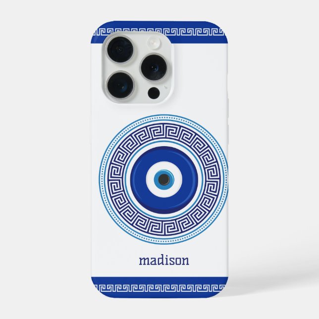 Custom Name Greek Pattern Evil Eye Nazar iPhone Case (Back)