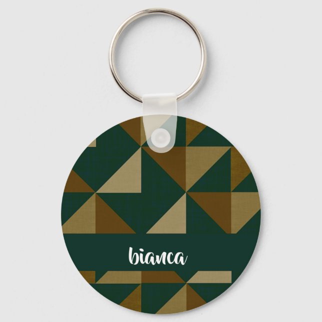 Custom name green and brown shapes key ring (Front)