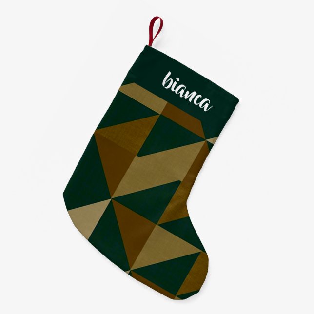 Custom name green and brown shapes small christmas stocking (Front (Hanging))