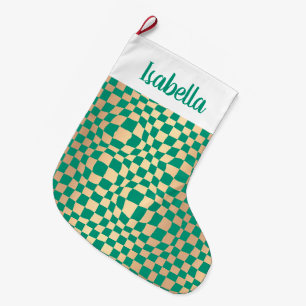 Custom Name Green and Gold Chequered Pattern Large Christmas Stocking