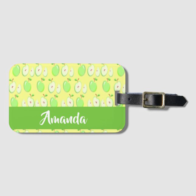 Custom name green apples yellow luggage tag (Front Horizontal)