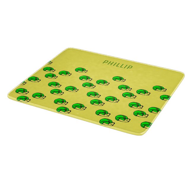 Custom name green football helmet yellow cutting board (Corner)