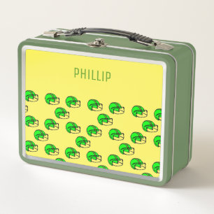 Custom name green football helmet yellow metal lunch box