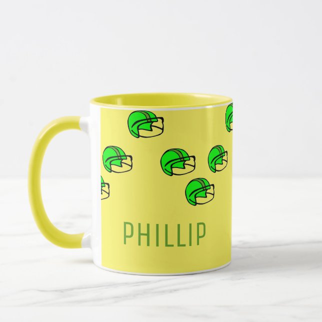 Custom name green football helmet yellow mug (Left)