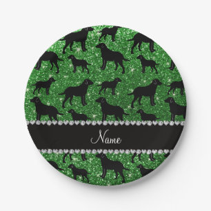 Custom name green glitter labrador retrievers paper plate