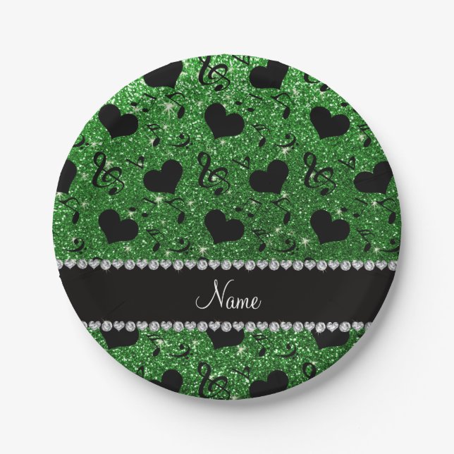 Custom name green glitter music notes hearts paper plate (Front)
