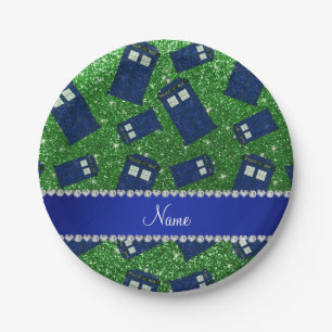 Custom name green glitter police box paper plate