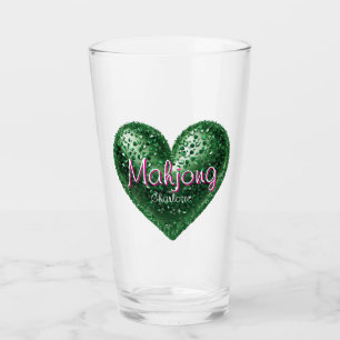 Custom Name Green Pink Glitter Heart Mahjong Glass