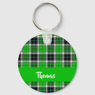 Custom name green plaid pattern key ring