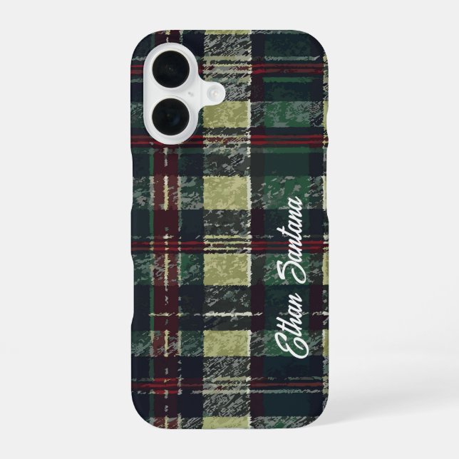 Custom Name Green & Red Plaid iPhone 16 Case (Back)