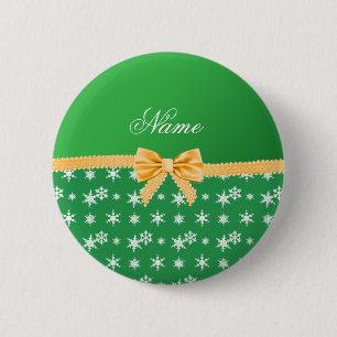Custom name green snowflakes gold bow 6 cm round badge