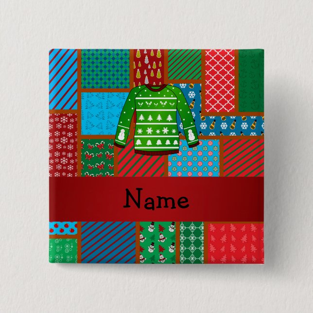 Custom name green ugly christmas sweater 15 cm square badge (Front)