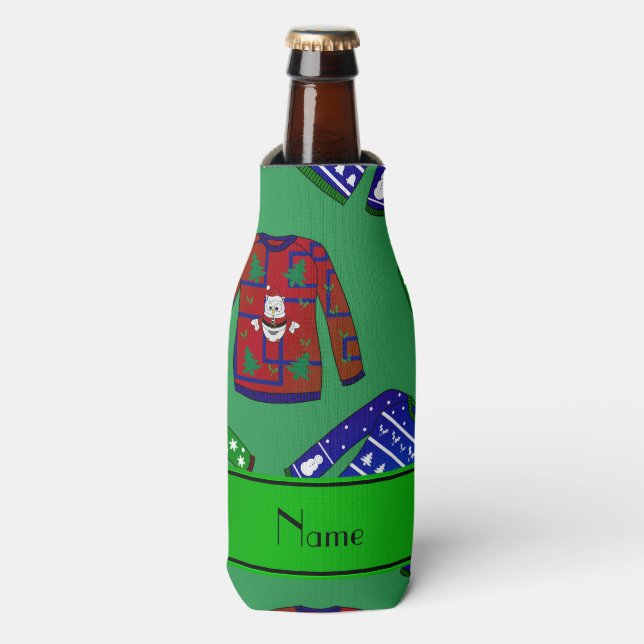 Custom name green ugly christmas sweater pattern bottle cooler (Bottle Front)