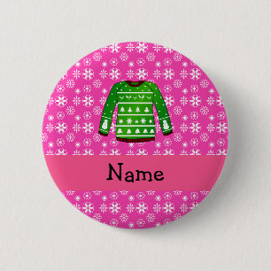 Custom name green ugly christmas sweater pink 6 cm round badge