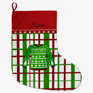 Custom name green ugly christmas sweater plaid large christmas stocking