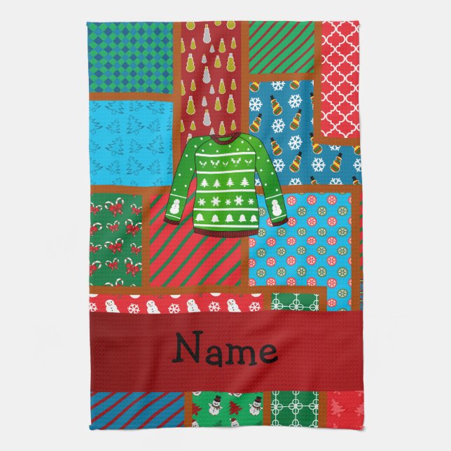 Custom name green ugly christmas sweater tea towel (Vertical)