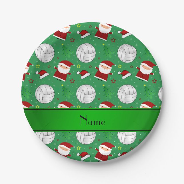 Custom name green volleyball christmas pattern paper plate (Front)