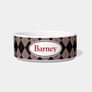 Custom Name Grey Argyle Dog Cat Pet Bowl