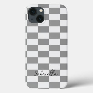 Custom name grey check blocks pattern iPhone 13 case