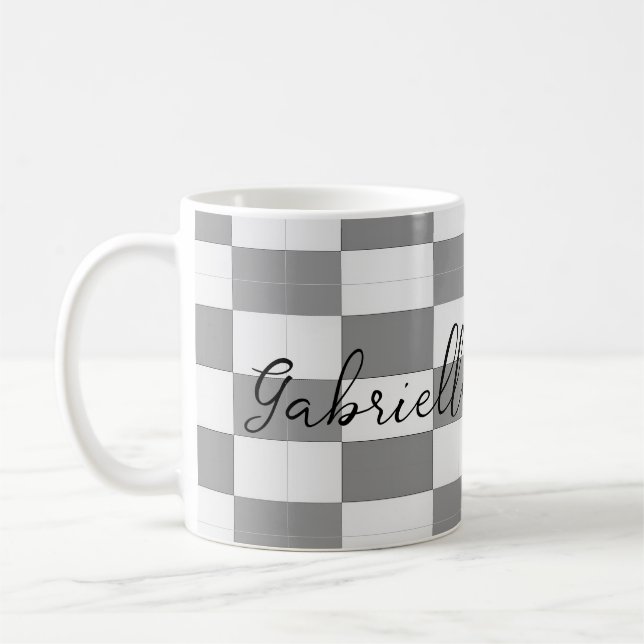 Custom name grey check blocks pattern coffee mug (Left)