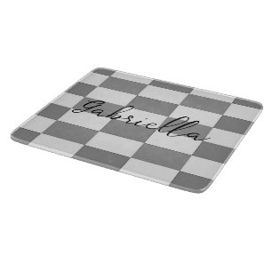 Custom name grey check blocks pattern cutting board