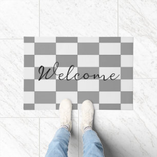 Custom name grey check blocks pattern doormat
